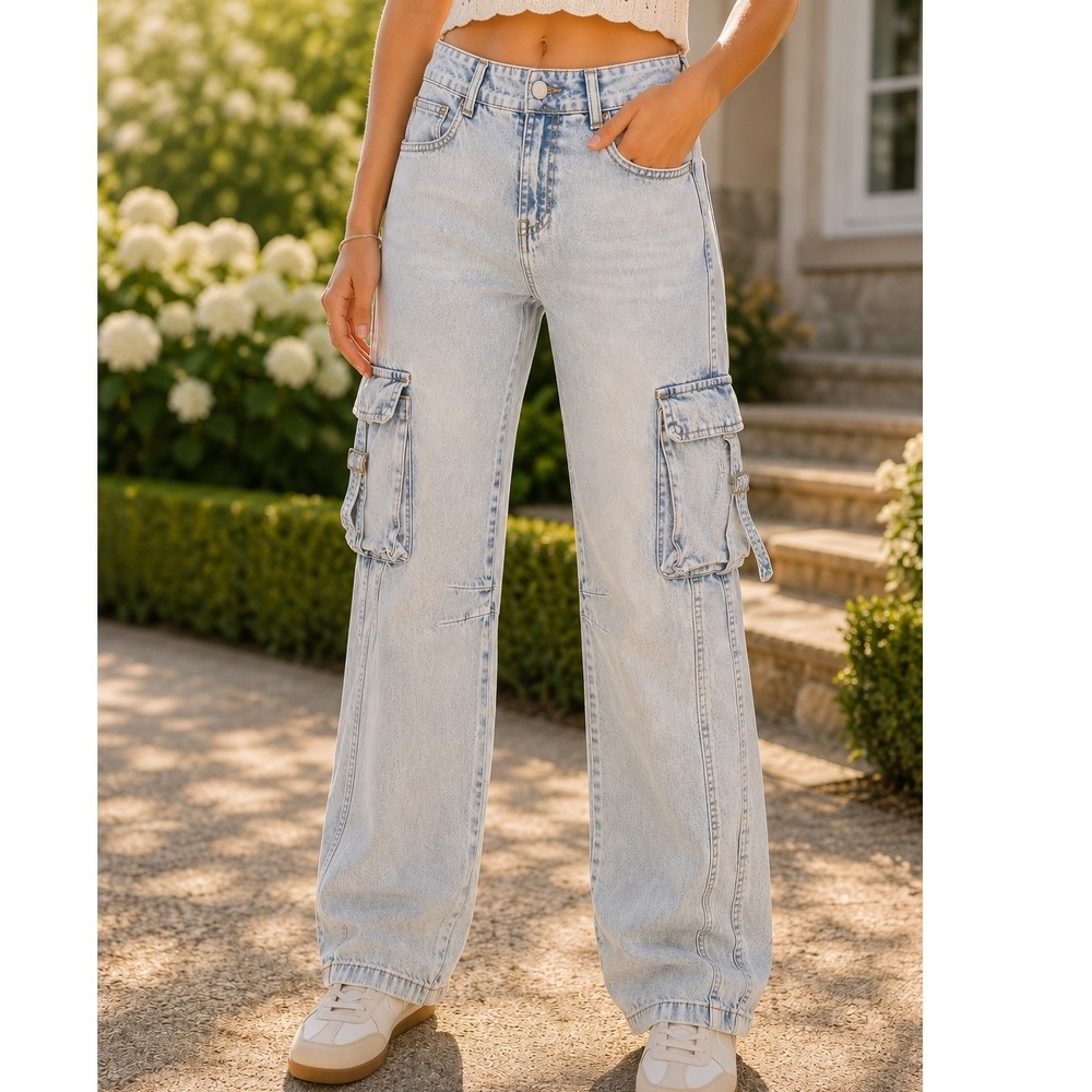 Telepatia Womens Acid Wash Light Blue 7 Denim Cargo Pants Straight Leg High Rise